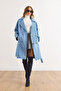 Women's Blue Lined Pocketed Belted Gabardine Trench Coat Trc-00000013 - 5