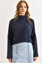 Women's Navy Blue Stand Collar Ribbed Thessaloniki Blouse Blz-19003137 - 2