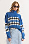 Women's Indigo Turtleneck Argyle Pattern Soft Textured Knitwear Sweater Kzk-19001022 - 6