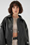Women's Black Oversize Zippered and Buttoned Side Pocket Faux Leather Jacket Hzl25W-Bd110551 - 5