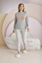 Women's Grey Color Long Sleeve Button-Down Collar Striped Polka Dot Pajama Set C0T3N031