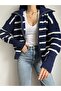 Navy Blue Turn-Down Collar Ecru Striped Zippered Knit Cardigan - 6