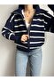 Navy Blue Turn-Down Collar Ecru Striped Zippered Knit Cardigan - 8