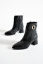 Women's Black Side Zipper Thin Buckle Detail Pointed Toe Heeled Boots - 3