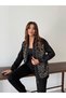 Buketli̇ Women's Full Zipper Glitter Jacquard Leopard Top and Jogger Pants Two-Piece Set - 4
