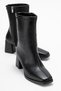 Blunt Toe Plain Stitched Zippered Women's Heeled Boots Black Leather