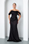 Women's Black Slim Fit Boat Neck Beaded Long Satin Evening Dress