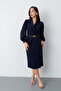 Women's Navy Blue Belted Midi Evening Dress