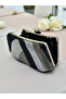 Black Silver Platinum Color Stone Pearl Detailed Handle Women's Evening Dress Bag - 6