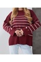 Burgundy Sleeve Buttoned Striped Knit Sweater