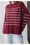 Burgundy Sleeve Buttoned Striped Knit Sweater - 3