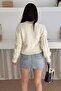 Women's Beige Openwork Stone Buttoned Crop Knit Cardigan - 8