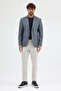 Facune Men's Dark Navy Blue Plaid Fabric Mono Collar Sports Blazer Jacket - 8