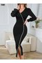 New Season Women's Stone Detailed Long Dress V-Neck Long Sleeve Slit Imported Crepe