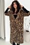 Leopard Print Snap Button Knitwear Detailed Hooded Premium Long Fur Coat with Lining - 3