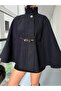 Women's Navy Blue Judge Collar Belted Cashmere Poncho 15732 - 6