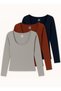 Women's Grey-Burgundy-Navy Blue 3-Pack U Neck Long Sleeve Blouse