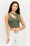 Women Round Neck Sleeveless Cutout Ribbed Crop Top, Olive