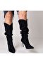 Black Suede Genuine Leather Gusseted Pointed Toe Women's Boots