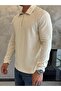 Men's Zipper Detailed Corduroy Sweater Stone Eca032 - 4