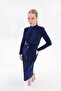 Women's Navy Blue Stone Draped Sandy Midi Dress – Long Sleeve, Formal and Evening Chic, Evening Gown 155 - 2