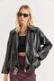 Women's Stylish Faux Leather Zippered Black Coat - 2