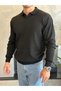 Men's Regular Fit Polo Neck Ribbed Knit Sweater Black Eca046 - 3