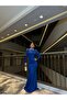 Crepe stretch fabric half turtleneck sleeve pearl detailed evening dress 583079 cobalt blue