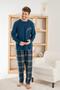 Navy Blue Green Plaid Patterned Elegant Men's Pajama Set - 4