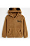 Girl's Hello Embroidered Oversize Plush Cardigan with Zippered Pockets and Hood