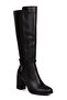 Women's Thick Heeled Black Faux Leather Ribbed Boots - 2