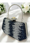 Navy Blue Silver Color Stone Pearl Detailed Handle Women's Evening Dress Bag - 2