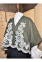 Women's Embroidered Crop Bohemian Oversized Jacket Khaki Green, Standard Size - 4