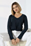 Women's Navy Blue Modal V-Neck Long Sleeve Blouse - 6