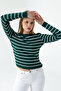 Women's Crew Neck Striped Patterned Knitwear Bodysuit Green - 25K 2059