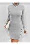 Ribbed Model Button Detailed High Neck Slit Comfortable Fit Knitwear Dress - 3