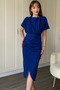 Short Sleeve Draped Rhinestone Midi Blue Dress - 3