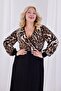 Women's Brown Leopard Printed Blocked Double-Breasted Neck Balloon Sleeve Plus Size Stretchy Maxi Dress - 6