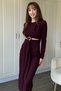 Long Sleeve Midi Burgundy Dress with Waist Detail - 6