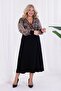 Women's Coffee Black Snake Pattern Blocky Double Breasted Neckline Balloon Sleeve Plus Size Stretchy Maxi Dress