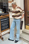 Beige Striped Polo Neck Overfit Women's Sweatshirt Sh298 - 2