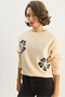 Women's Beige Crew Neck Floral Embroidered Three Thread Ribbed Sweatshirt 60601045 - 4