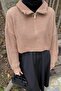 Collar Zippered Crop Knitwear Sweater Camel - 3