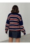 Women's Navy Blue Polo Neck Striped Knitwear Sweater - 7