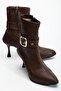Brown Women's Heeled Boots Stretch Faux Leather Thin Heels - 2