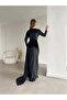 Velvet Stretch Fabric Double Breasted Neckline Front Sleeve Pearl Detailing Tail Evening Dress 582324 Black - 7