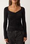 More Sustainable Black Fitted/Bodycon Shirred V-Neck Long Sleeve Stretchy Knitted Blouse Twoaw26Bz00163 - 3