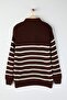 Kahverengi Oversize Polo Yaka Çizgili Kazak TMNAW24KZ00018 - 7