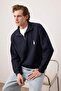 Navy Blue New Oversize/Wide Cut Penguin Embroidered Textured Stand-Up Collar Sweatshirt Tmnaw26Sw00014