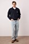 Navy Blue New Oversize/Wide Cut Penguin Embroidered Textured Stand-Up Collar Sweatshirt Tmnaw26Sw00014 - 2